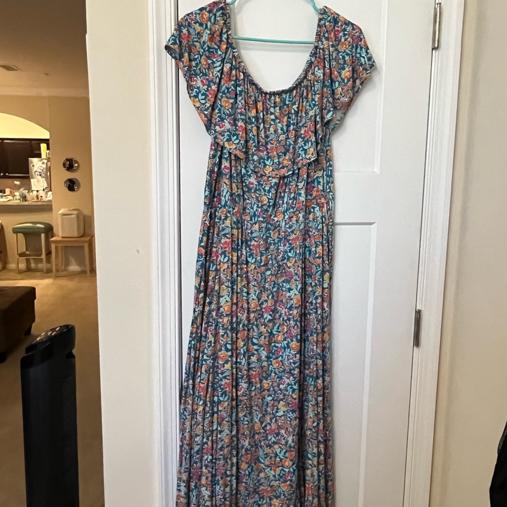 Lane Bryant Blue Pink Ruffled Smocked Maxi Dress